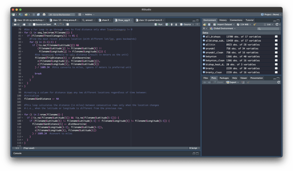 Screenshot of RStudio workspace showing code for making a Travel Category variable to analyze the feasibility of the idea of a medieval "business trip"