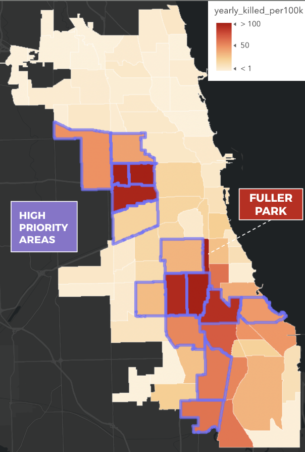 Map of Chicago's 77 Community Areas visualizing distributions of deaths by gun violence per 100k residents.