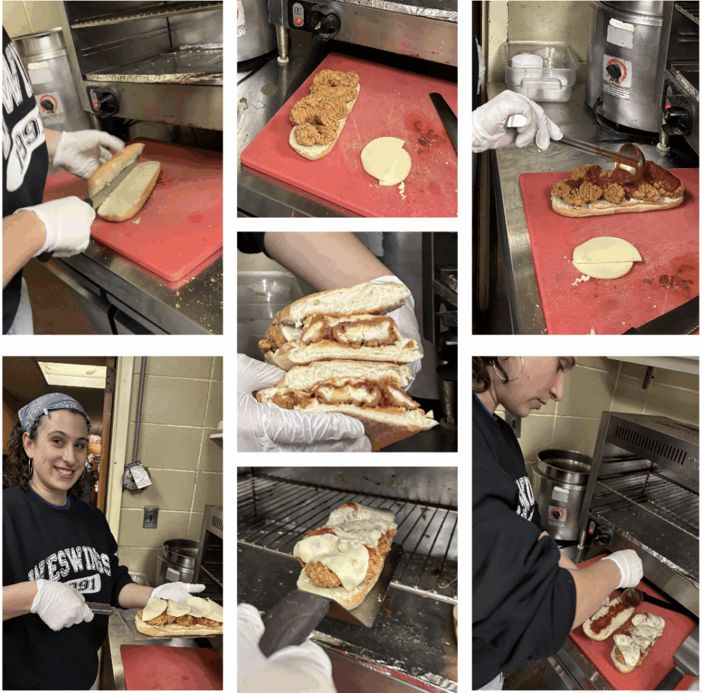 7 image collage of making a parm sandwich: cutting bread, placing tenders then marinara then provolone cheese, putting into oven, taking out, putting more marinara, closing sandwich