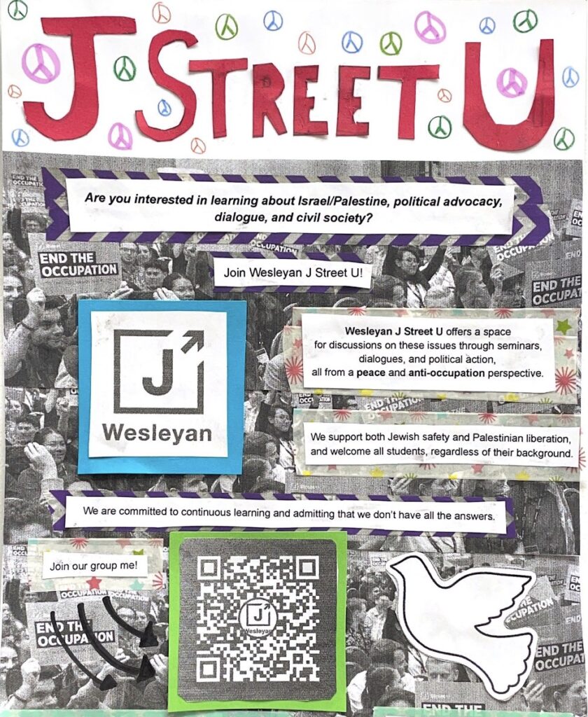 Zine page showing a qr code and colorful collaged elements including club descriptions and pictures of people